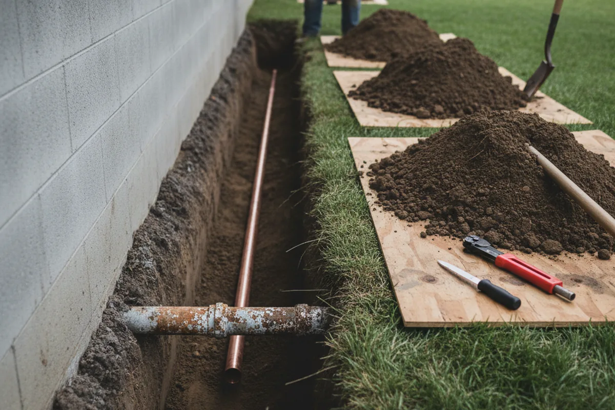 Excavated water line trench during Sewer Line Repair in Freedom